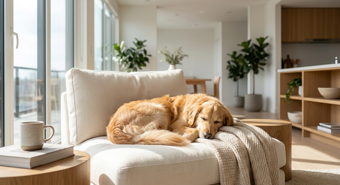 Dog relaxing in a bright pet-friendly apartment